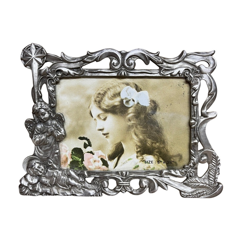 Vintage Ornate Angel‎ Cherub Photo Frame Pewter Silver Victorian Style Tabletop